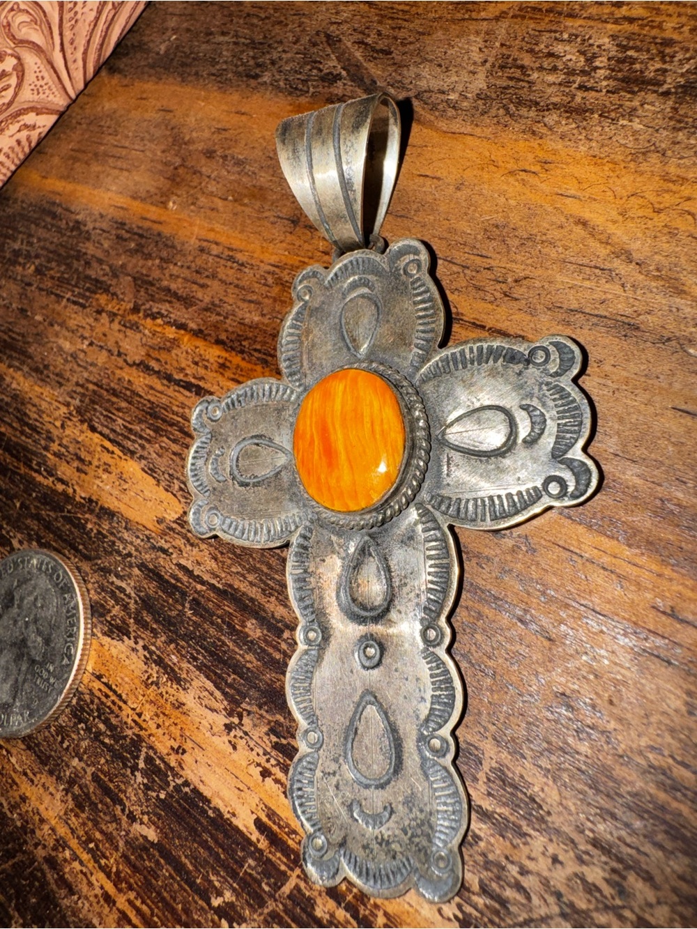Sterling Cross Pendant with Orange Spiny